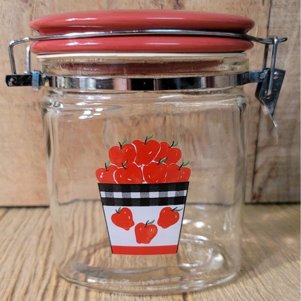 Canning Glass Jar Flip Red Ceramic Top Wire Clasp Vintage 6.5 Inches Tall Gift